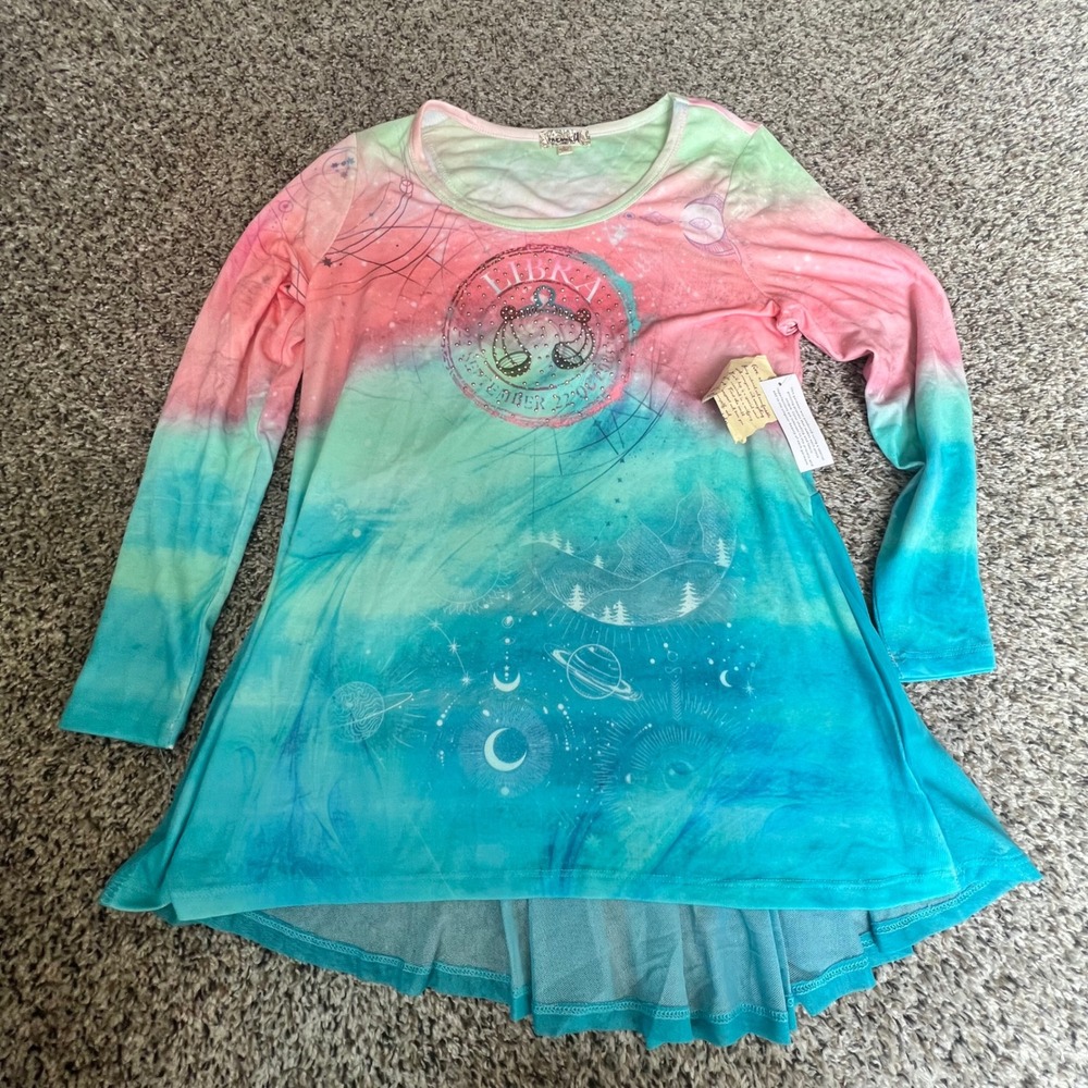 One World Libra Tie Dye Long Sleeve Tunic Top Women‎ Size L Celestial Print